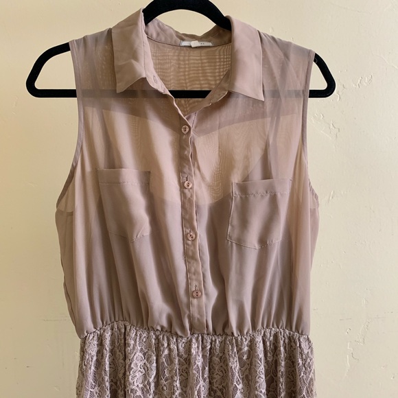 Pleione Tan Sheer Top Lace Bottom Dress w Collar - Picture 2 of 4